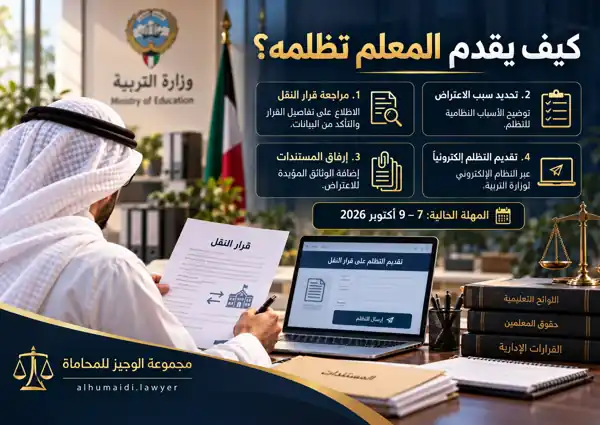 تظلمات نقل المعلمين في الكويت 2026: الاعتراض على قرار وزارة التربية ومتى يكون الطعن القضائي ممكنًا؟ 2 خطوات تقديم تظلم من قرار نقل معلم في الكويت 2026